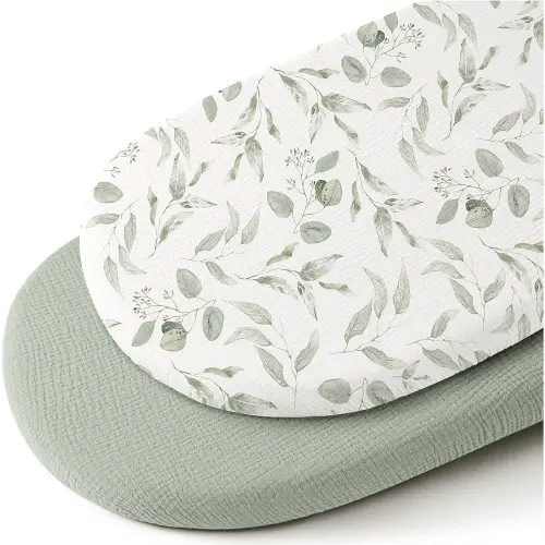 Konssy 2 Pack Muslin Fitted Bassinet Sheets for Baby Girl Boy, Soft Breathable Baby Bassinet Sheets Fit for Baby Bassinets, Cradle, Moses Basket Oval Rectangle Pad/Mattress (Green,Watercolour)