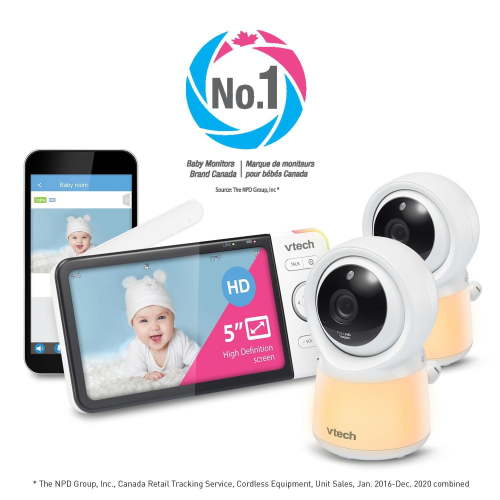 VTech RM5754-2HD Smart Wi-Fi Video Baby Monitor with 5” display and 1080p HD Camera, Built-in night light & 2 Camera, White - Walmart.ca