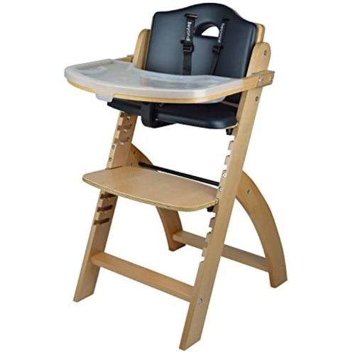 Abiie Beyond Wooden High Chair with Tray. The Perfect Adjustable Baby Highchair Solution for Your Babies and Toddlers or as a Dining Chair. (6 Months up to 250 Lb) (Natural Wood - Black Cushion)