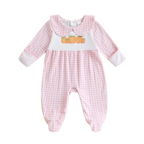 woshilaocai Baby Fall Outfit Boy Girl Plaid Embroidered Collar Romper Footie Infant Halloween Clothes