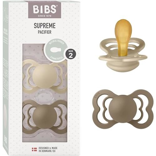 BIBS Pacifiers - Supreme Collection | BPA-Free Symmetrical Nipple | Natural Rubber Latex | Made in Denmark | Set of 2 Vanilla/Dark Oak Color Premium Soothers | Size 6-18 Months
