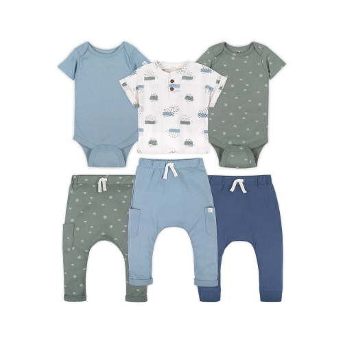 Little Star Organic Baby Boy 6Pc Mix and Match Outfit Set, Arona Blue, Size Newborn