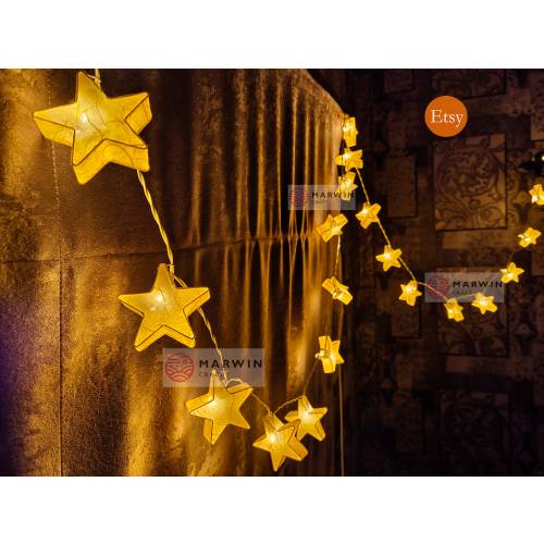 Yellow Mulburry Paper String Lights Star Fairy Lights Bedroom Home Decor Living Room Wall Hanging Lights Decor Dorm USB Battery or Plug