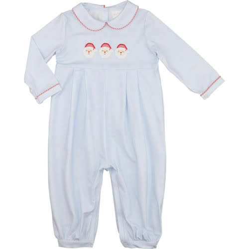 Blue Gingham Knit Santa Long Romper - Cecil and Lou