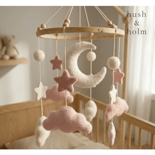 Celestial Nursery Mobile, Moon Crib Mobile, Pink Baby Mobile, Cloud Nursery Decor, Scandinavian Felt Baby Mobile