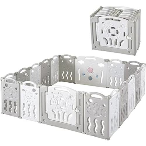 Baby Fence Kid Playpen 18 Panel Albott Play Yard - Foldable Kids Safety Activity Center Playard Safety Lock Gate,Adjustable Shape, Portable Design for Indoor (18 Panel, Grey+White)