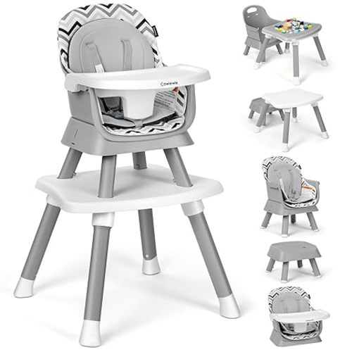 Cowiewie 8 in 1 Baby High Chair for Babies & Toddlers Table and Chair Set Building Block Table Highchair with Safety Harness, Removable Tray(Wavy)