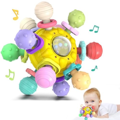 Baby Sensory Teething Toys: Montessori Toys Baby Teethers - Infant Newborn Gifts for 0 3 6 9 12 18 Months 1 Year Old Boys Girls - Baby Rattles Chew Toys - Developmental Learning Toy - Yellow