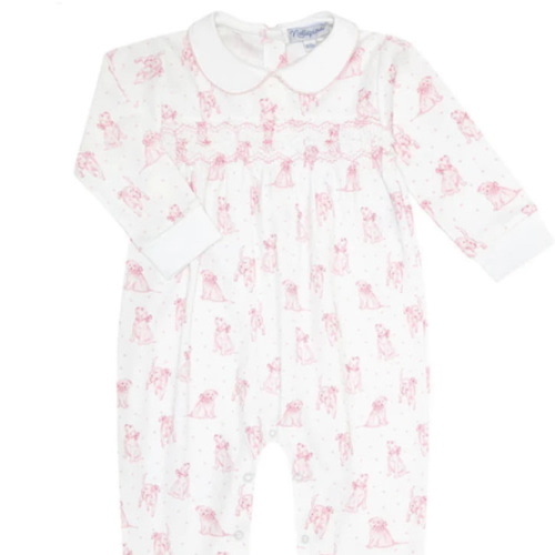 Pink Puppy Love Print Smocked Footie