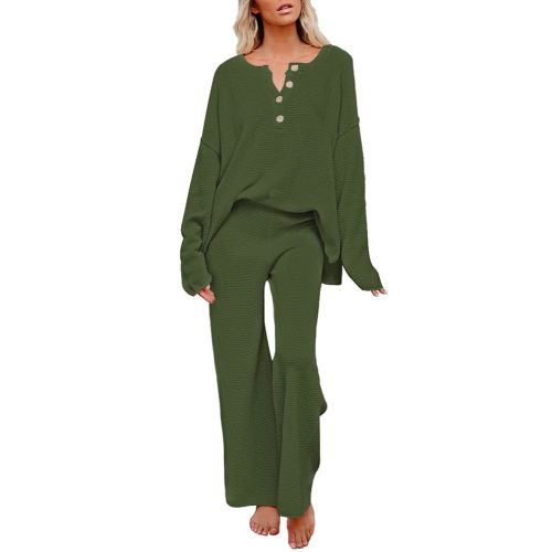 Pink Queen Women's 2 Piece Outfit Set Long Sleeve Button Pullover Sweater Top and Wide Leg Pants Knit Sweatsuit