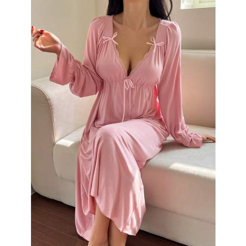 DAZY Bowknot Decor Ruffle Trim Waist Nightgown Pajama, Fall, Winter