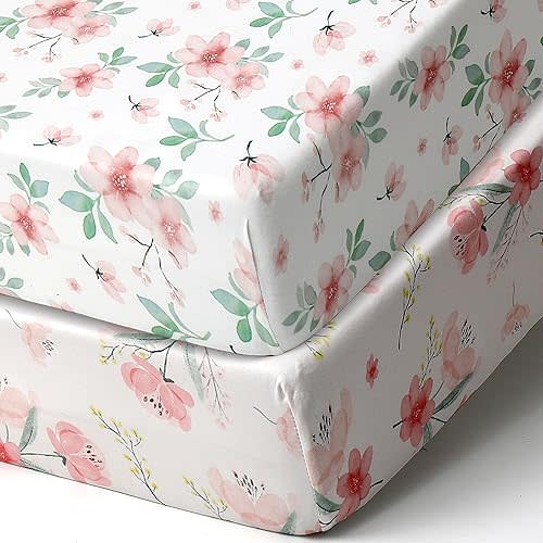Pack n Play Stretchy Fitted Playard Sheet Set BROLEX 2 Pack Portable Mini Crib Sheets,Convertible Playard Mattress Cover,Ultra Soft Material,Pink Blossom