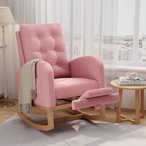 Nursery Rocking Chair with Adjustable Footrest, Linen High Back Glider Rocking Chair with Wooden Legs for Living Room, Bedroom & Nursery