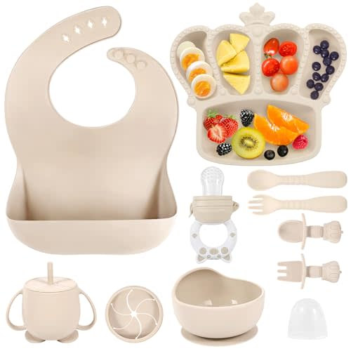 Silicone Baby Feeding Set 10 Pcs Baby Led Weaning Supplies Suction Bowl Divided Plate Baby Bibs Fruit Feeder Baby Spoons Forks Sippy Cup Toddler Utensil Sets Baby Essentials for Newborn Gift
