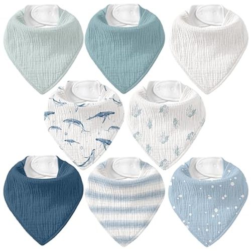 Muslin Baby Bibs 8 Pack, Baby Bandana Drool Bib for Drooling and Teething, Cotton Soft Absorbent for Girls Boys (Blue Ocean Whale)