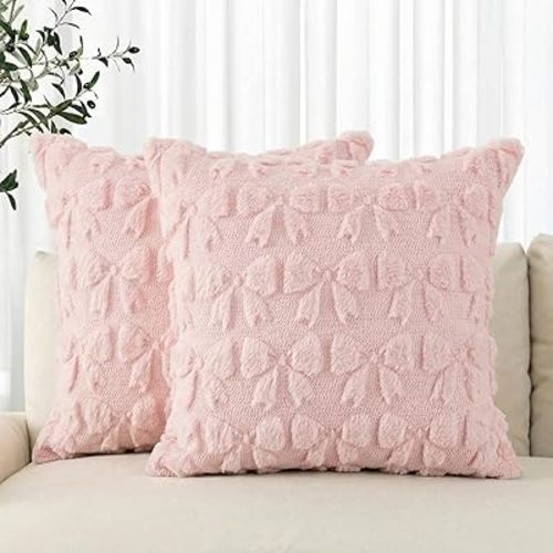 AVOIN colorlife Pink Spring Bow Decorative Throw Pillow Covers Set of 2, 18 x 18 Inch Bedroom Decor Coquette Aesthetic Soft Plush Faux Fur Cushion Case Girls Room Decor