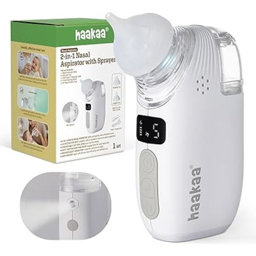 Haakaa Nasal Aspirator for Baby, 2-in-1 Electric Baby Nasal Aspirator with Sprayer – Baby Nose Sucker, Nose Sucker for Baby – 5 Adjustable Suction Levels up to 65kPa, Quiet, Music & Lights