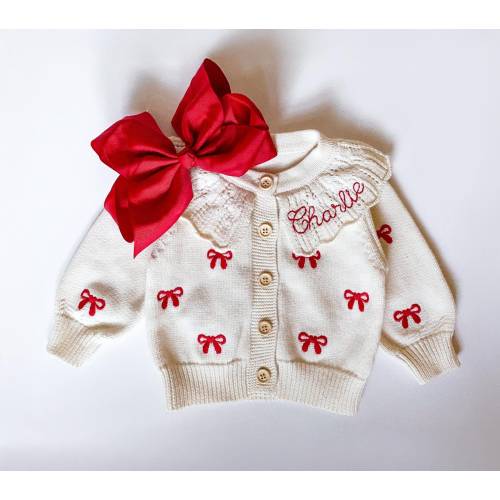 Girl's, Toddler, Baby Personalized Coquette bow Valentine, Bow Cardigan Sweater with Name, Embroidered, School Outfit, Baby Shower Gift