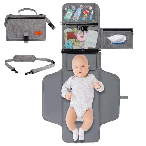 Portable Diaper Changing Pad, Newborn Diaper Changing Pad Baby Changing Pad with Smart Wipes Pocket Waterproof Travel Changing Kit for Girl Boy Baby Shower Gifts (Grey)