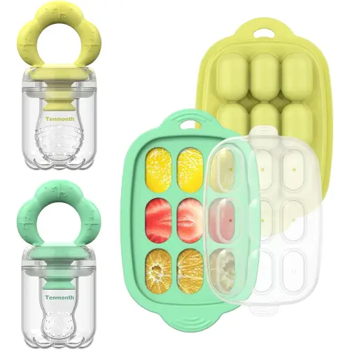 Baby Fruit Food Feeder Breastmilk Popsicle Molds with Freezer Tray, Tenmonth Silicone Baby Feeder for Safe Infant Self Feeding and Teething Relief 2 Pack, BPA Free
