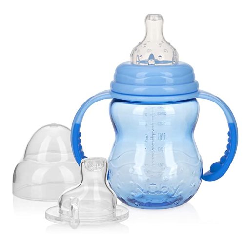 Nuby 3 Stage Tritan Wide Neck Grow with Me No-Spill Bottle to Cup, Blue, 8 Oz