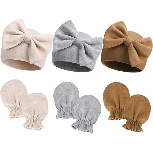 Newborn Hospital Hats Gloves Baby Infant Bow Beanie Cotton Caps No Scratch Hat Mittens Set for 0-6 Months
