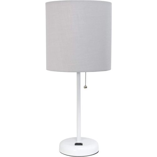 Simple Designs LT2024-GOW White Stick Table Desk Lamp with Charging Outlet and Drum Fabric Shade, Gray Shade - 1 - Gray/White - Single Pack