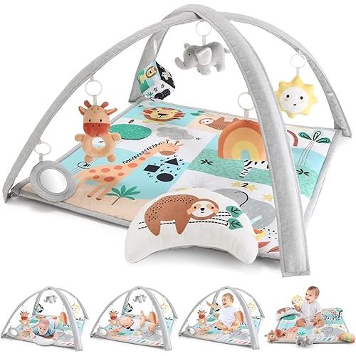 The Peanutshell Unisex Baby Play Gym & 7-in-1 Play Mat - Playmat Baby Toys 0-6, 6-12 Months Tummy Time Mat with Hanging Toys, Soft Padded Mat for Newborns, Infants - Safari