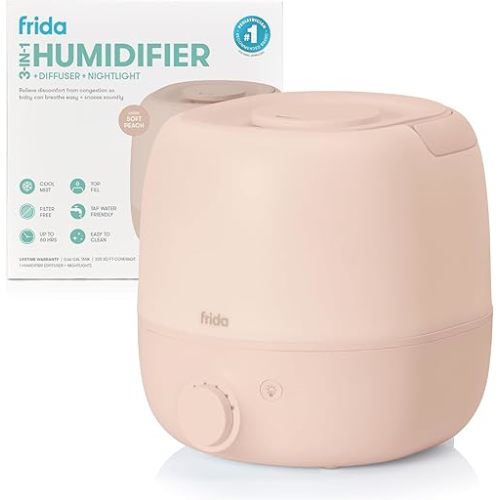 Frida Baby 3-in-1 Cool Mist Humidifier for Large Rooms, Top Fill Humidifier for Bedroom, Allergy Relief, 60 Hour Runtime + Nightlight, Auto Shut-Off, Quiet, Carry Handle, Essential Oil Diffuser
