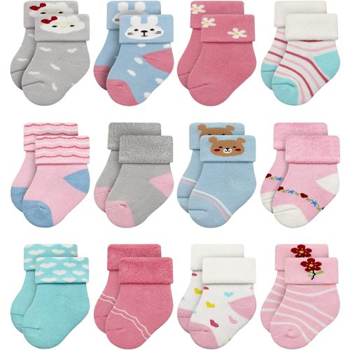 RATIVE Newborn Socks 0-3 Months Infant 3-9 Months Thick Terry Turn Cuff Socks for Baby Boys Girls