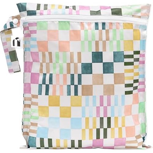 Bumkins Roamio Waterproof Wet Bag for Baby, Travel, Swim Suit, Cloth Diapers, Pump Parts, Pool, Beach, Gym Clothes, Toiletry, Hook to Stroller, Daycare, Zip Reusable Wetdry Packing Pouch, Multi Check