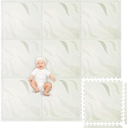 Play Platoon Non-Toxic Large Kids Mats for Floors, 9 Tile 72 x 72 inch, Puzzle Mat Pieces with Border, Extra-Thick Interlocking Tiles, 24 x 24 in, Neutral Playmat Rug for Toddlers & Children