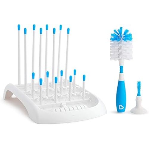Munchkin® Baby Bottle and Sippy Cup Cleaning Set, Includes Countertop Drying Rack and Bristle Bottle Brush, Blue
