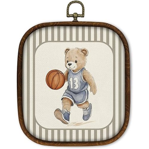 WULQYING Vintage Teddy Bear Basketball Wall Art Decor, Retro Nursery Sports Square Framed Canvas Art Prints, Toddler Striped Wall Hanging Decor for Home Kids Playroom Boys Bedroom, 5.7x6.5 Inches