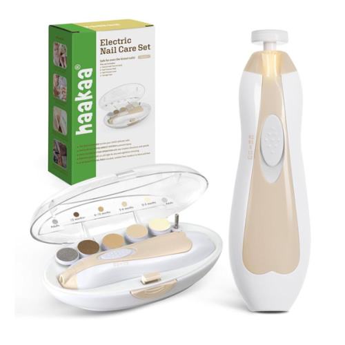 haakaa Baby Nail Care Electric Baby Nail File Kit with LED Light, Baby Nail Clippers for Newborn/Infants/Adults Toenails and Fingernails, 6 Replacement Heads & Storage Case, Acorn