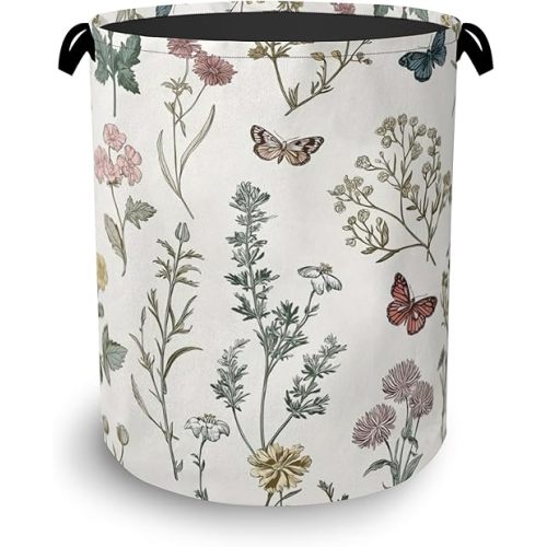 Wildflowers Butterfly Laundry Basket,Herb Plants Oxford Cloth Laundry Hamper with Handle Foldable Portable Clothes Storage Basket for Bathroom Bedroom Dorm Room 16" x 20.8"