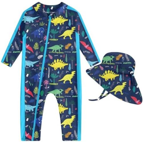 UNIFACO Baby Boy Swimsuit UPF 50+ Sun Protection One Piece Zip Bathing Suit with Sun Hat Infant Sunsuit Swimwear