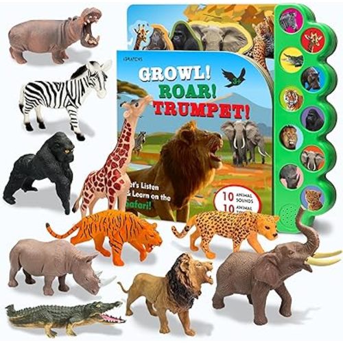 Safari Animals Figures Toys with Sound Books, 10PCS Realistic Jungle Animals Figures & Safari Animals Book with 10 Buttons, Zoo Animal Toys, Learning Toy for 3+ Year Old Boys, Girls, Kids