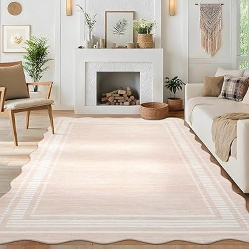 Garvee Modern Scalloped Rug 9x12 Washable Rugs for Living Room, Non-Slip Non-Shedding Faux Wool Soft Carpet, Minimalist Solid Neutral Large Floor Mats for Home Office Decor, Natural Ivory