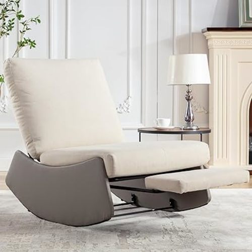 Modern Rocking Recliner Chair for Nursery, Comfy Glider Rocking Chair with Footrest, Adjustable Backet, Armless Design, Corduroy Fabric (Grey)