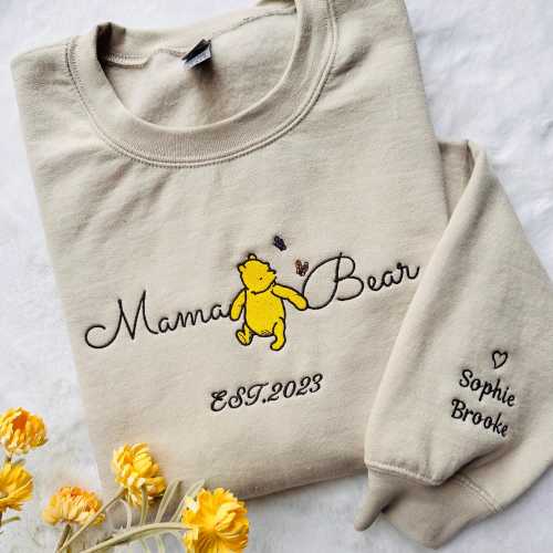 Custom Mothers Day Embroidered Sweatshirt with Names, Winnie the Pooh Mothers Days Gift, Custom Mama Bear Sweatshirt, Gift for Mother's Day