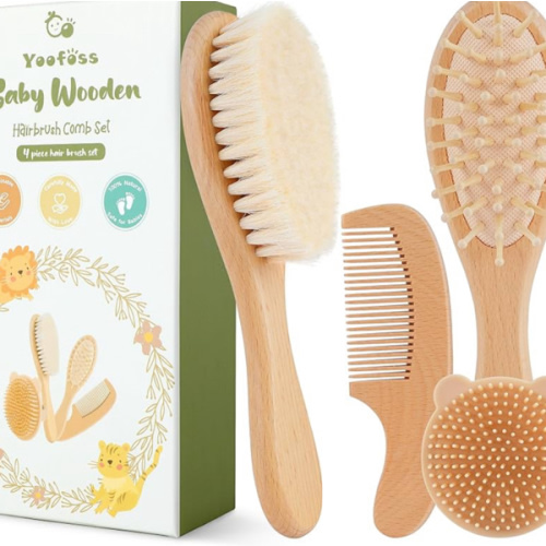 Yoofoss 4 Piece Baby Brush and Comb Set, Wooden Baby Brush with Natural Ultra Soft Goat Hair, Baby Hair Brush for Newborn, Baby Brush Set for Boy Girl