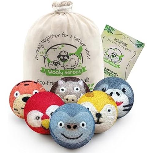Wooly Heroes Wool Dryer Balls - Organic Eco Friendly - 6-Pack XL - Reusable Fabric Softener - with Free Natural Laundry eBook (Gorilla & Friends)