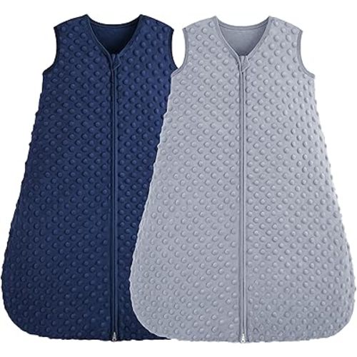 Fleece Baby Sleep Sack 0-6 Months, 1.5 TOG Cotton Baby Wearable Blanket With Soft Plush Dots, 2 Pack Newborn and Infant Warm Sleeping Sack with 2-Way Zipper Blue&Grey