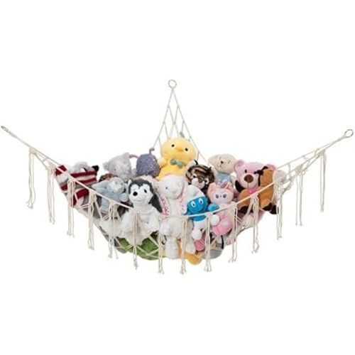 Lilly's Love Stuffed Animal Storage Macrame Hammock, Large - Boho Room Decor Toy Storage - Corner Hanging Plushie Stuffed Animal Net Organizer (White)