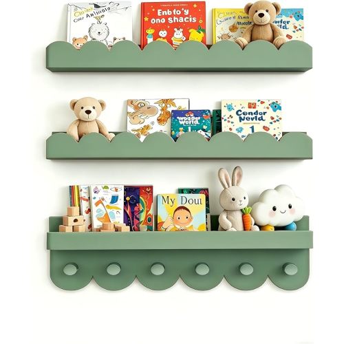Nursery Book Shelves with Hooks, Scalloped Shelves for Bedroom Set of 3, Kids Bookshelf for Wall, 16Inches, Sage