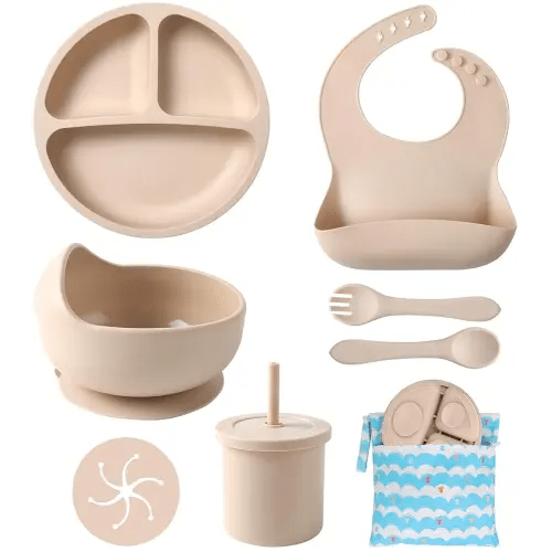 ECLIP Silicone Baby Feeding Set, 10 Pcs Baby Eating Essentials with Suction Bowl Divided Plate Adjustable Bib Soft Spoon Fork Snack Cup with Lid Drinking Cup, Utensil (Beige)