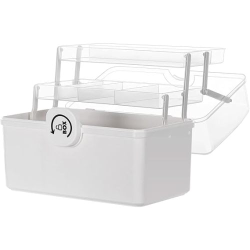 Sooyee Craft Organizers and Storage,Plastic Box with 3-Tier Fold Tray and Handle,Portable Lockable Container for Arts, Crafts,Cosmetic, Sewing, Toy, Washi Tape, Lego,13.4x7.5x8.9 in,Clear/White