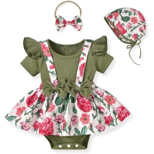 Unutiylo Preemie Newborn Baby Girl Clothes Romper Suspender Dress Summer Outfits Ruffle Short Sleeve Set