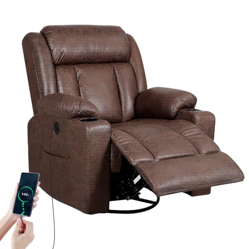 LAFWELL Retro Rocking Recliner Chair, Massage Rocker Recliner Chair with Vibration Massage and Heat, USB and Type-C Ports,360° Swivel Chairs,Living Room, Bedroom, Nursery, RV, Brown